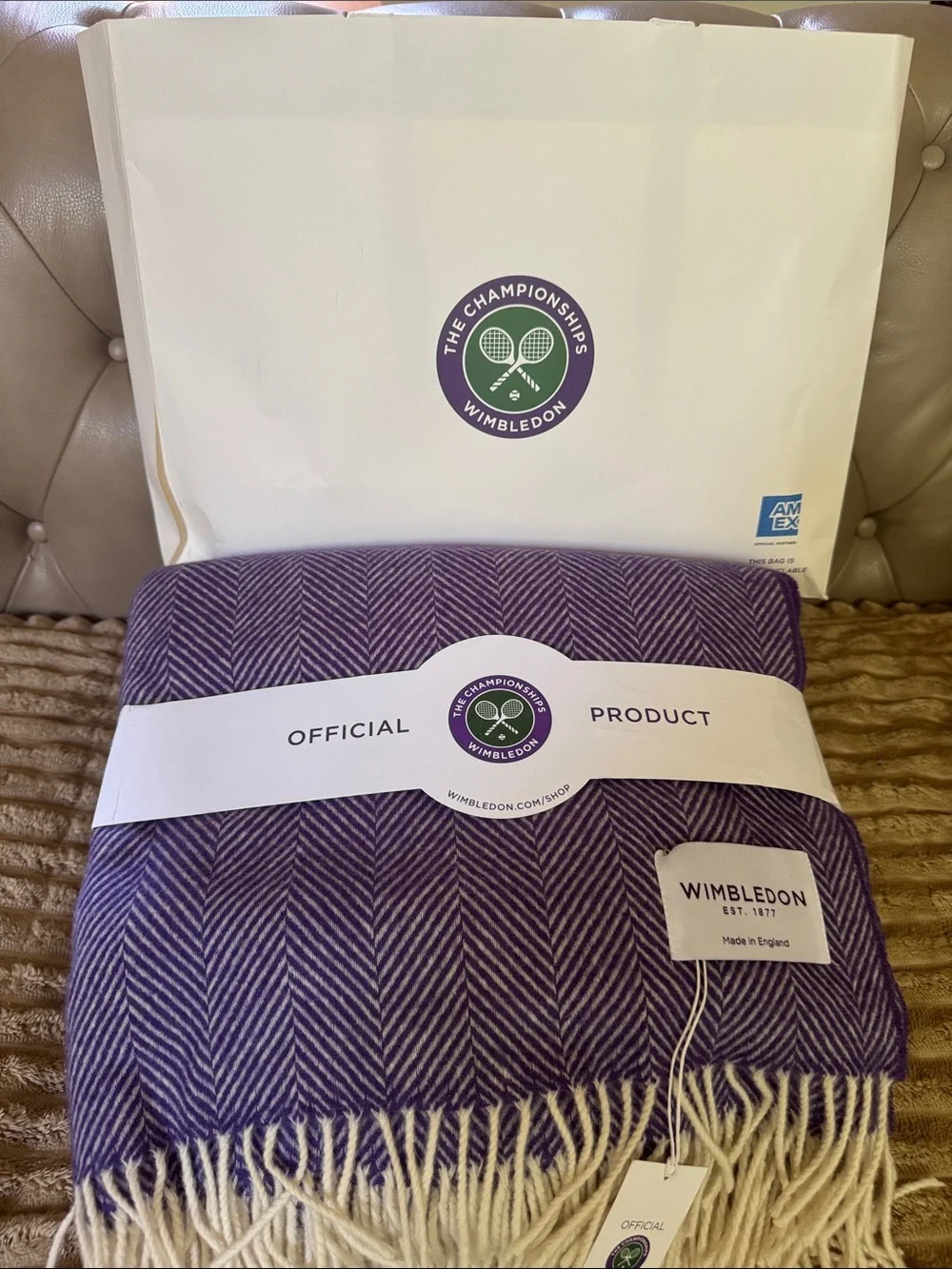 Wimbledon Purple Herringbone Throw with Cream Fringe